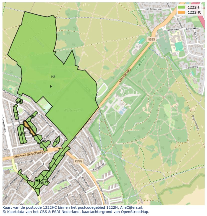 Afbeelding van het postcodegebied 1222 HC op de kaart.