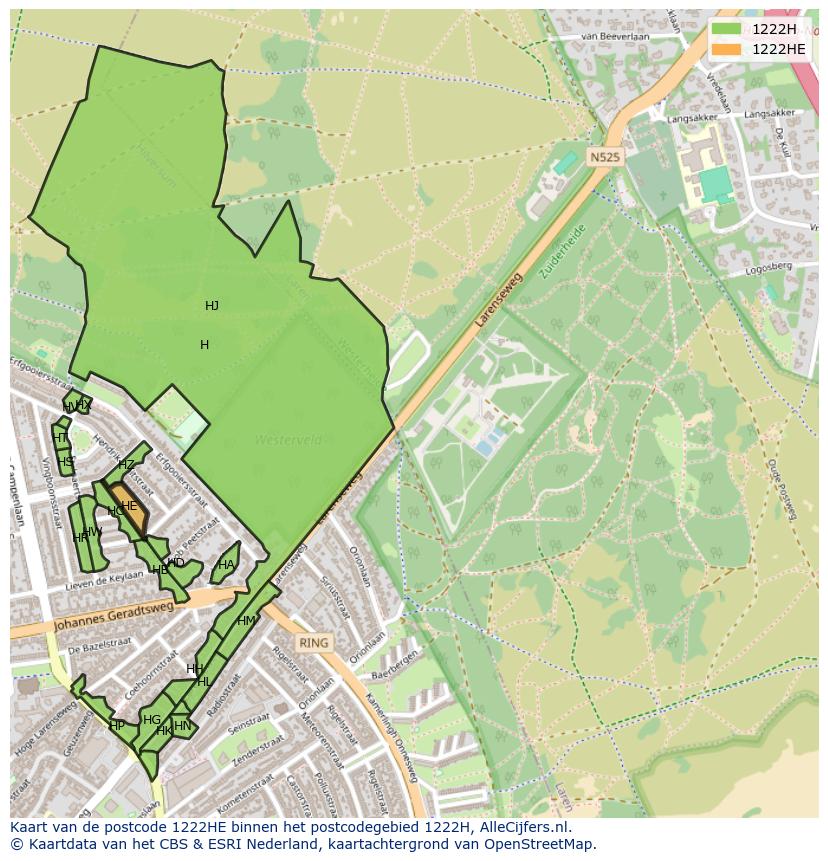 Afbeelding van het postcodegebied 1222 HE op de kaart.