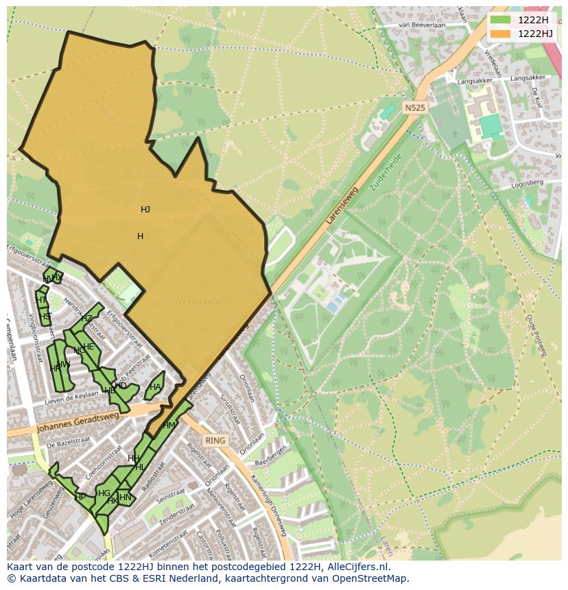 Afbeelding van het postcodegebied 1222 HJ op de kaart.