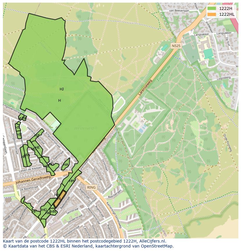 Afbeelding van het postcodegebied 1222 HL op de kaart.