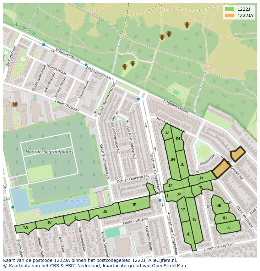 Afbeelding van het postcodegebied 1222 JA op de kaart.