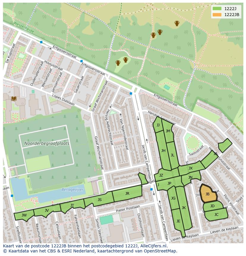 Afbeelding van het postcodegebied 1222 JB op de kaart.