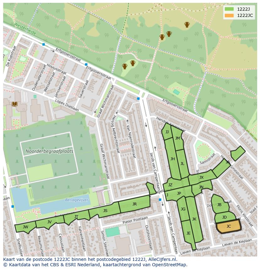 Afbeelding van het postcodegebied 1222 JC op de kaart.