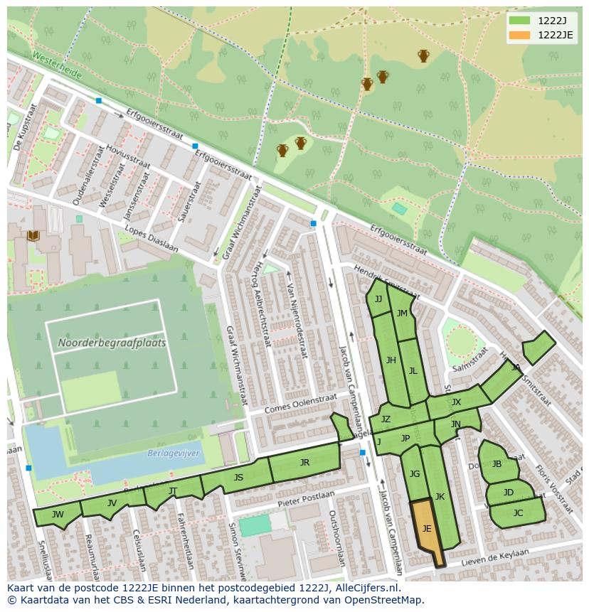 Afbeelding van het postcodegebied 1222 JE op de kaart.