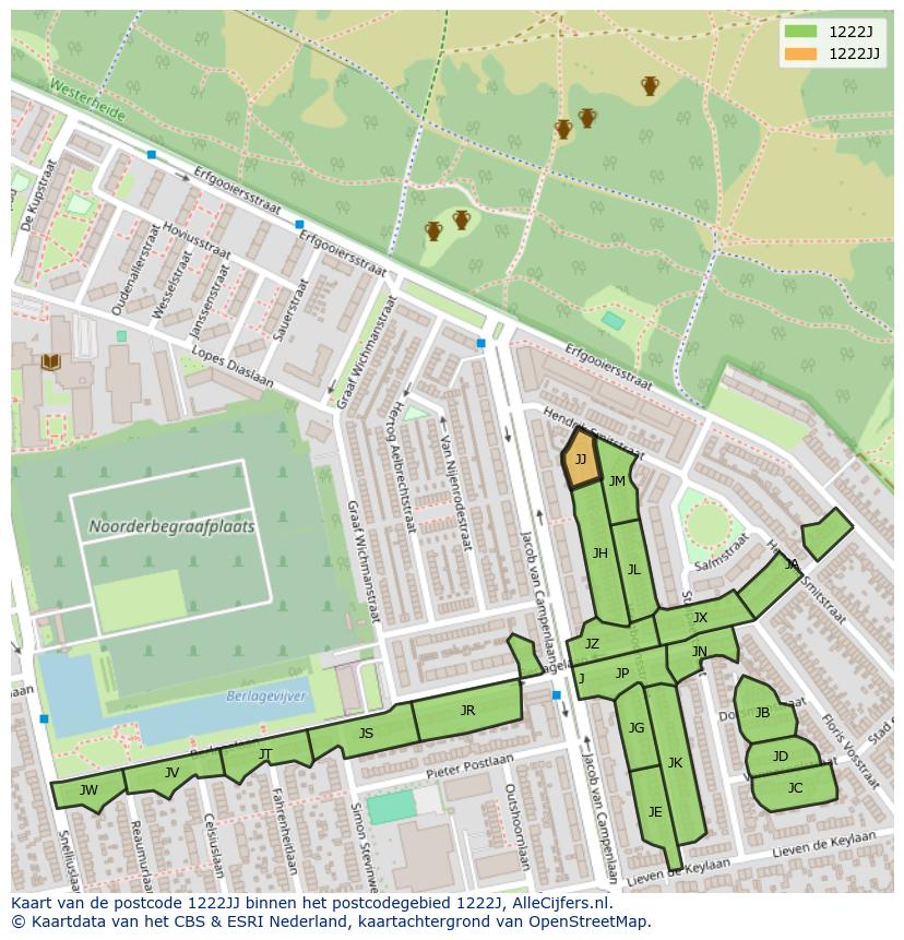 Afbeelding van het postcodegebied 1222 JJ op de kaart.