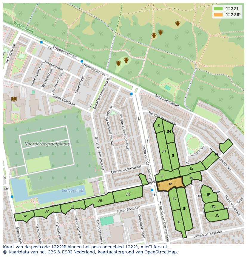 Afbeelding van het postcodegebied 1222 JP op de kaart.