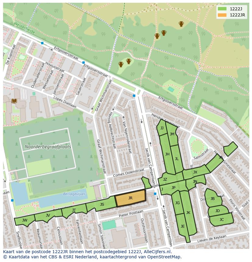Afbeelding van het postcodegebied 1222 JR op de kaart.