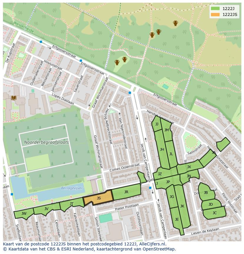 Afbeelding van het postcodegebied 1222 JS op de kaart.