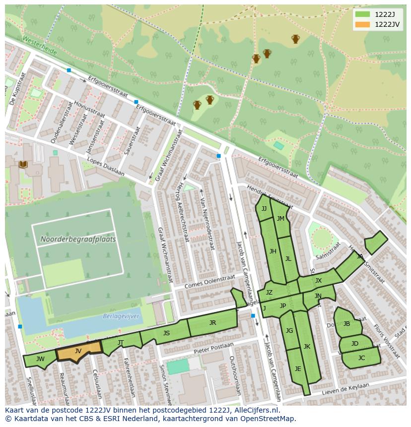 Afbeelding van het postcodegebied 1222 JV op de kaart.