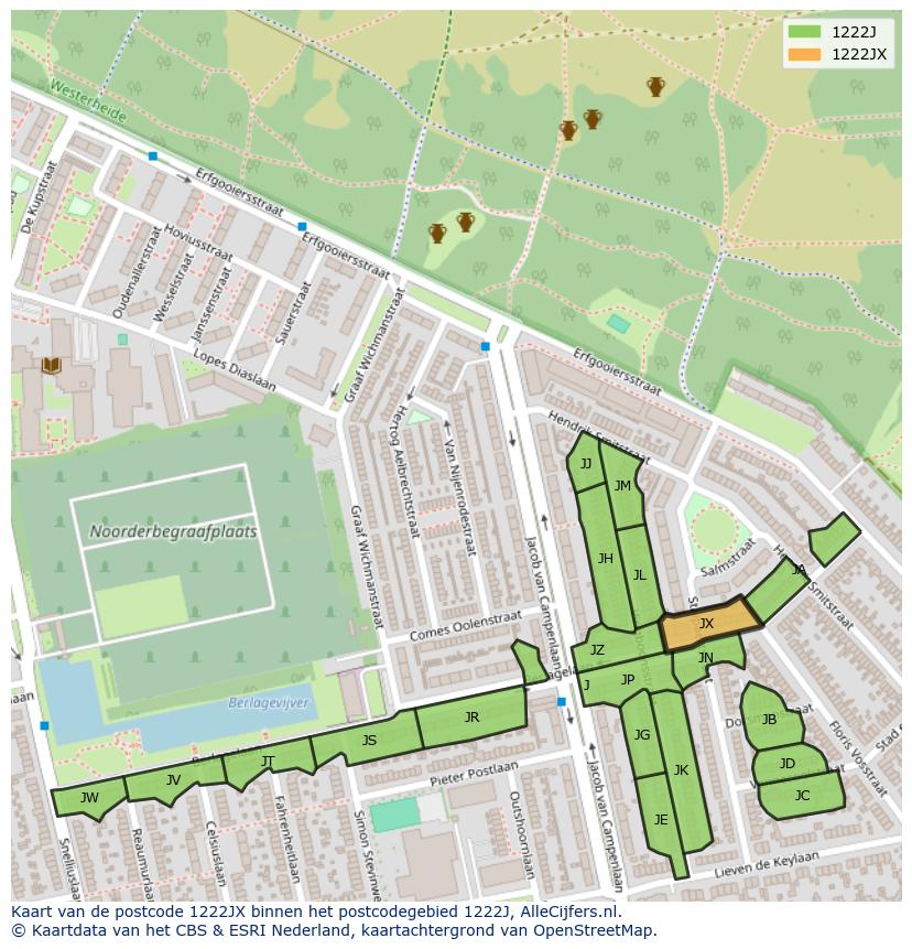 Afbeelding van het postcodegebied 1222 JX op de kaart.