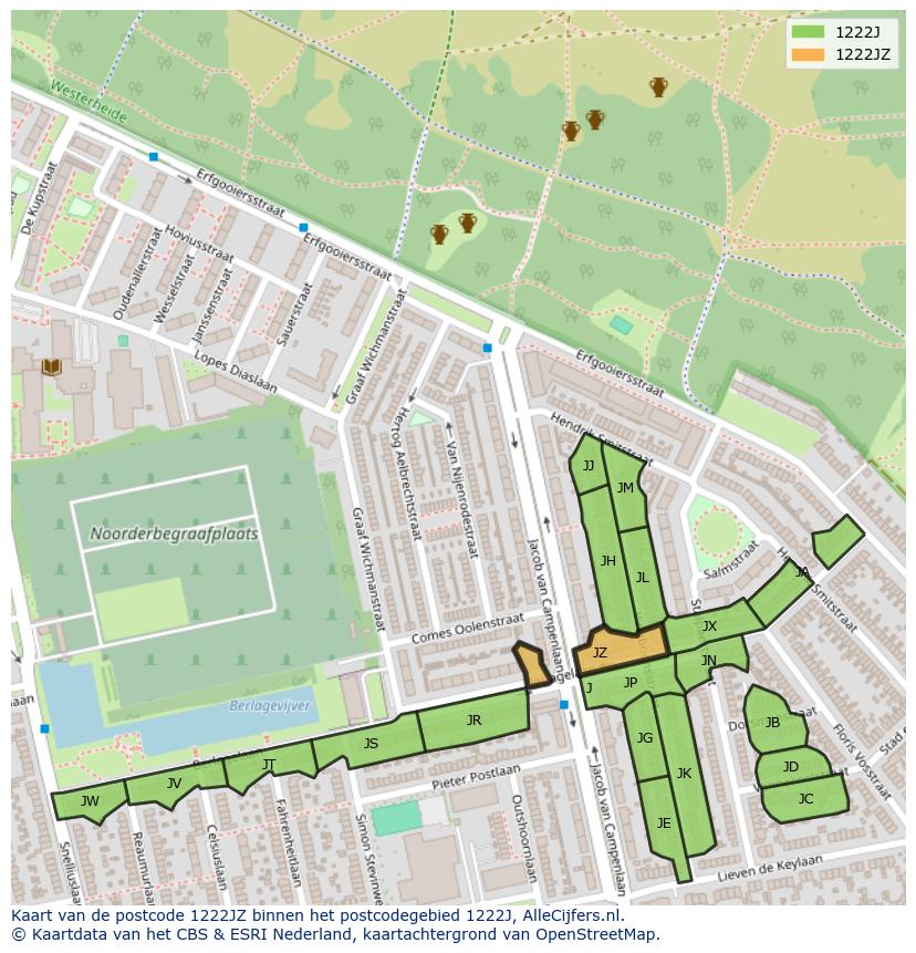 Afbeelding van het postcodegebied 1222 JZ op de kaart.
