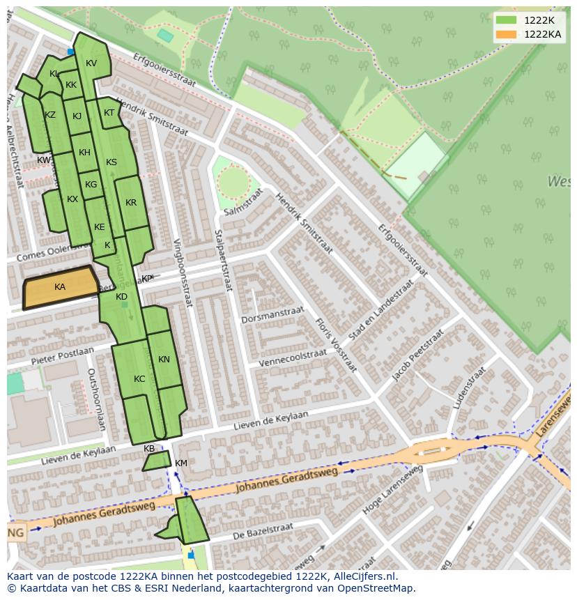 Afbeelding van het postcodegebied 1222 KA op de kaart.