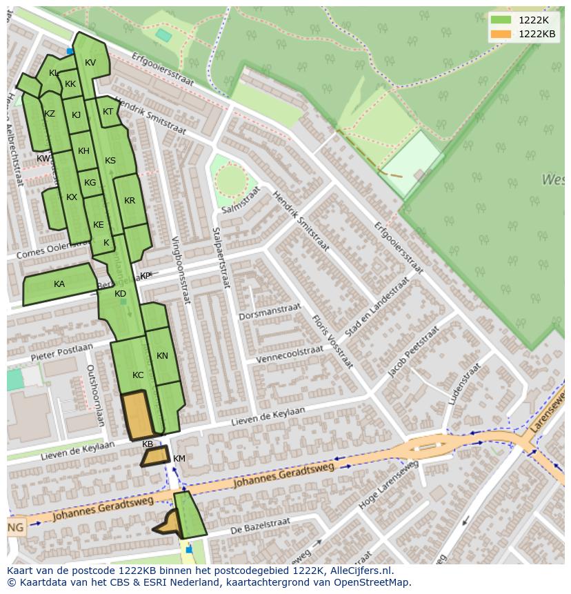 Afbeelding van het postcodegebied 1222 KB op de kaart.