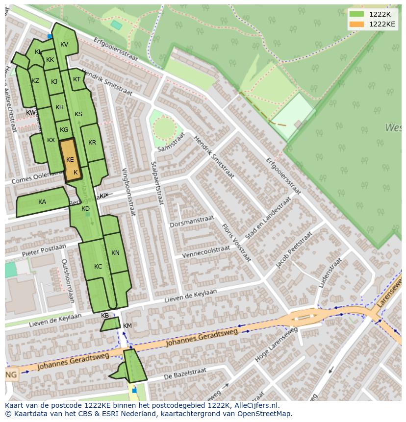 Afbeelding van het postcodegebied 1222 KE op de kaart.