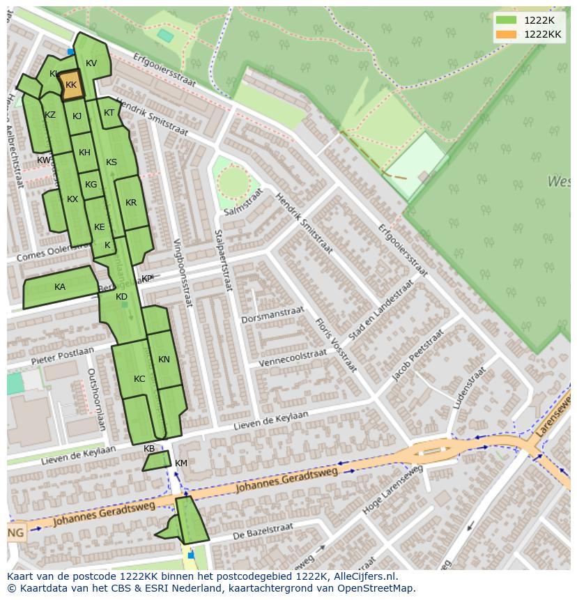 Afbeelding van het postcodegebied 1222 KK op de kaart.