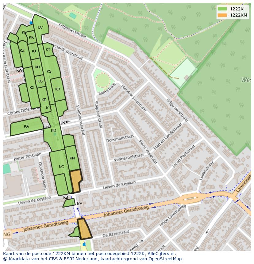Afbeelding van het postcodegebied 1222 KM op de kaart.