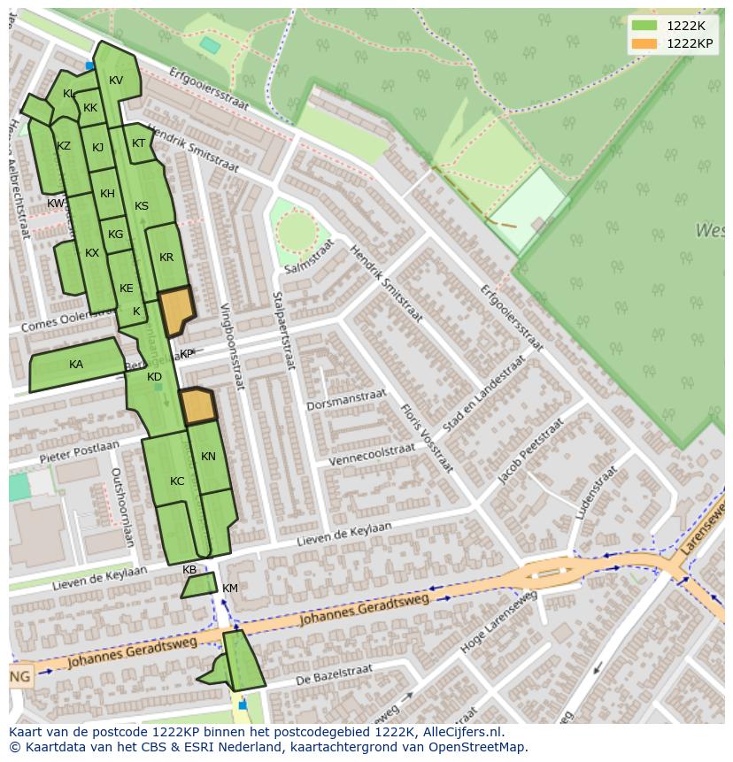 Afbeelding van het postcodegebied 1222 KP op de kaart.