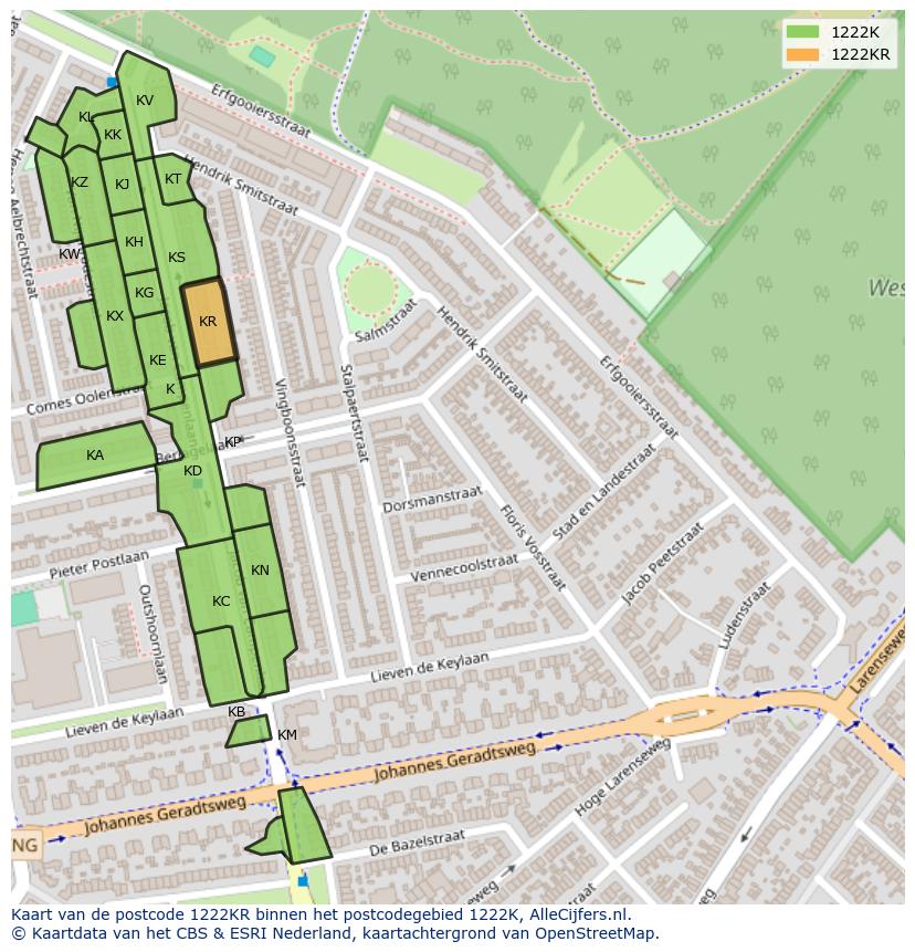 Afbeelding van het postcodegebied 1222 KR op de kaart.