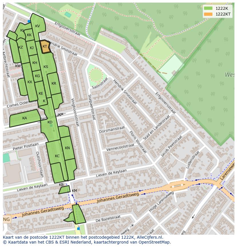 Afbeelding van het postcodegebied 1222 KT op de kaart.