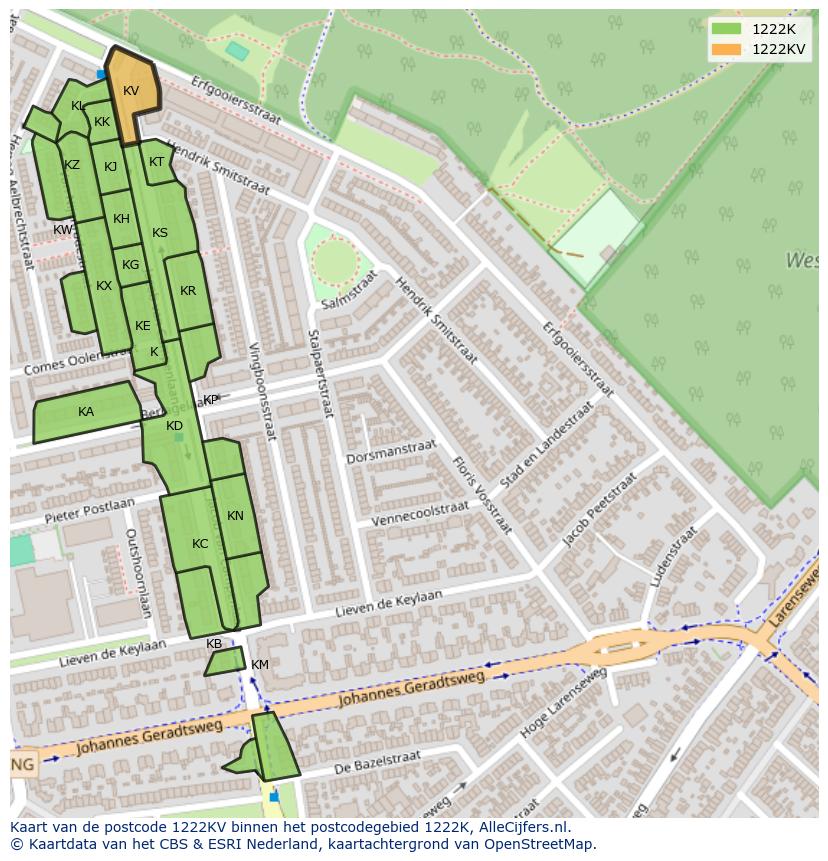 Afbeelding van het postcodegebied 1222 KV op de kaart.