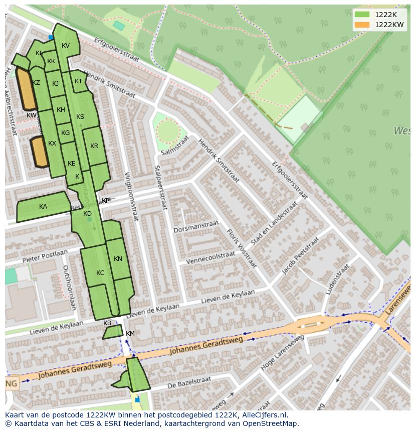 Afbeelding van het postcodegebied 1222 KW op de kaart.