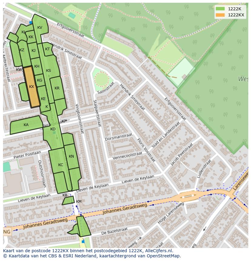 Afbeelding van het postcodegebied 1222 KX op de kaart.