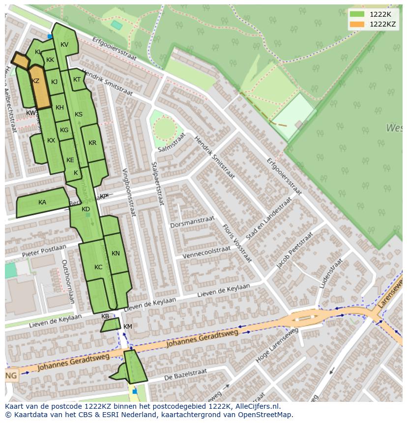 Afbeelding van het postcodegebied 1222 KZ op de kaart.