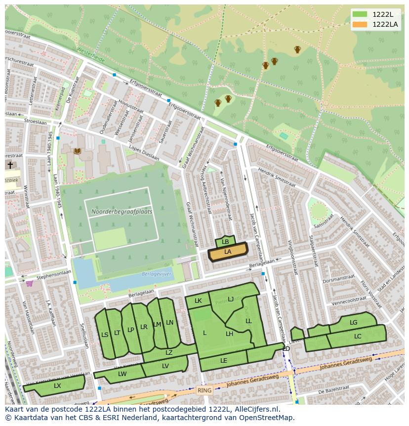 Afbeelding van het postcodegebied 1222 LA op de kaart.