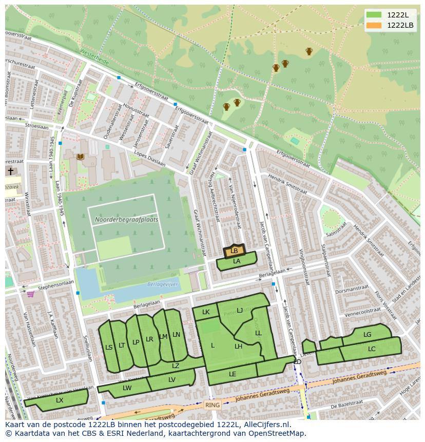 Afbeelding van het postcodegebied 1222 LB op de kaart.