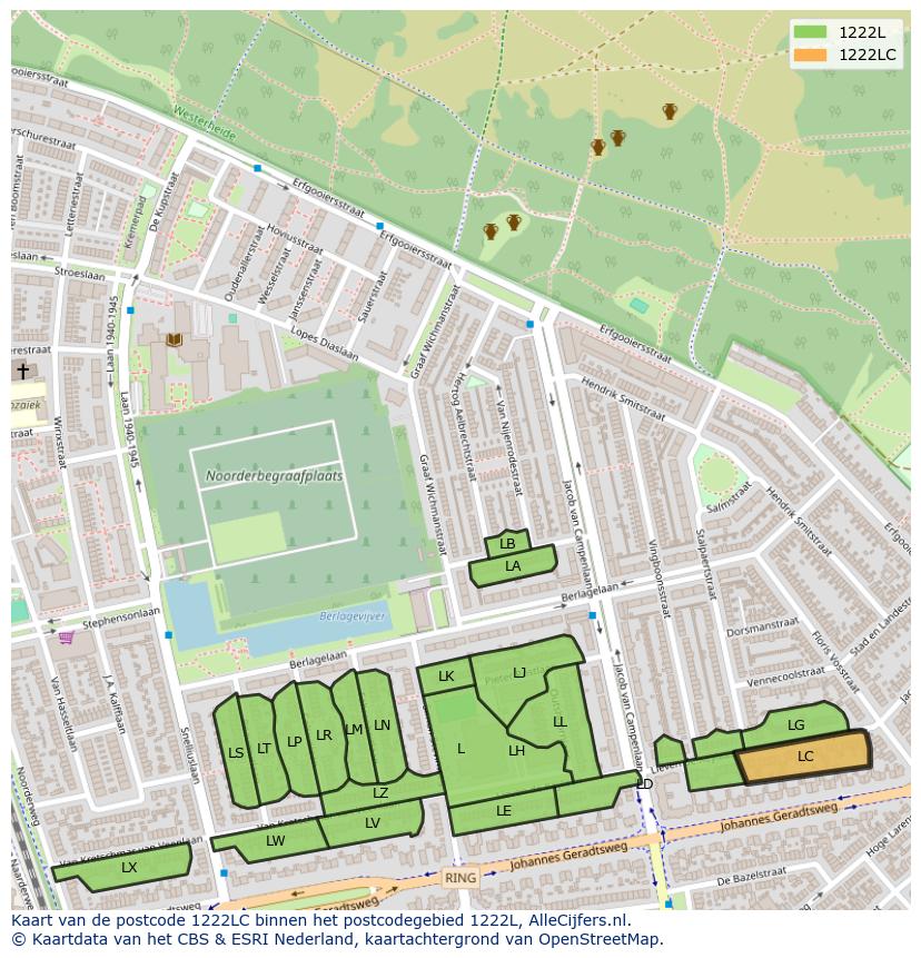 Afbeelding van het postcodegebied 1222 LC op de kaart.