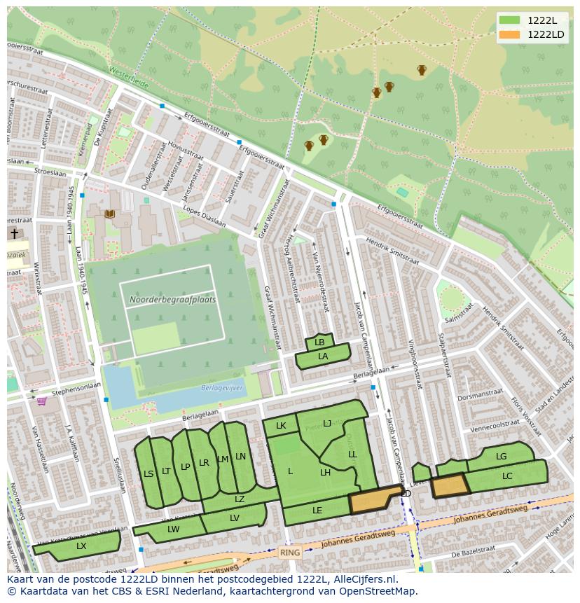 Afbeelding van het postcodegebied 1222 LD op de kaart.