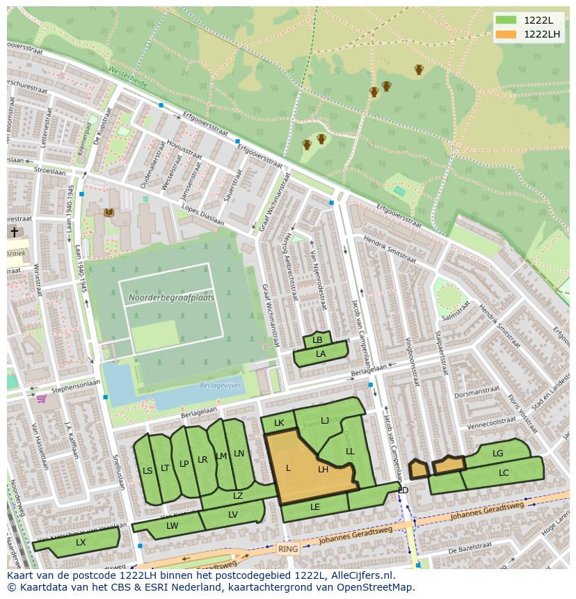 Afbeelding van het postcodegebied 1222 LH op de kaart.