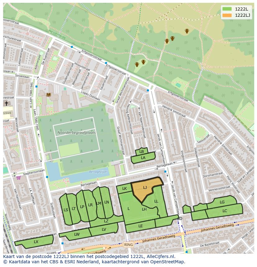 Afbeelding van het postcodegebied 1222 LJ op de kaart.