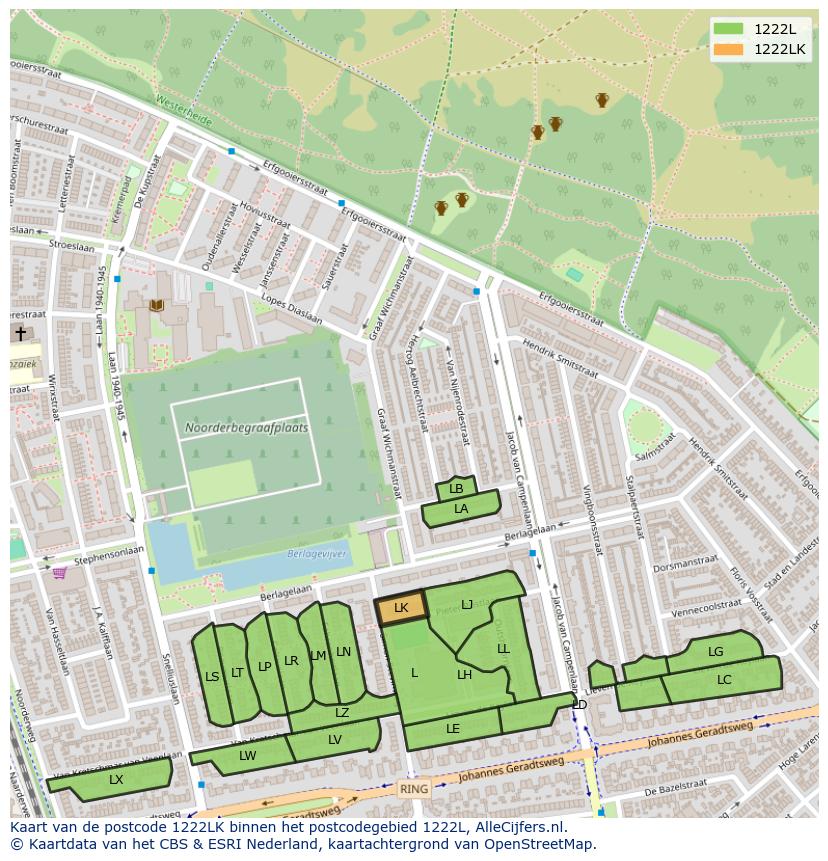 Afbeelding van het postcodegebied 1222 LK op de kaart.