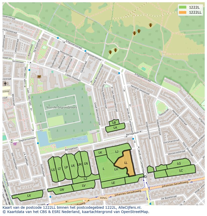 Afbeelding van het postcodegebied 1222 LL op de kaart.