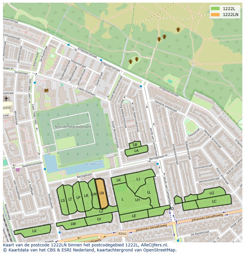 Afbeelding van het postcodegebied 1222 LN op de kaart.