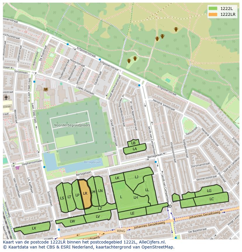 Afbeelding van het postcodegebied 1222 LR op de kaart.