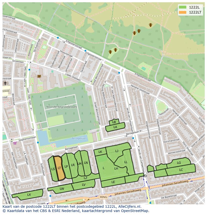Afbeelding van het postcodegebied 1222 LT op de kaart.