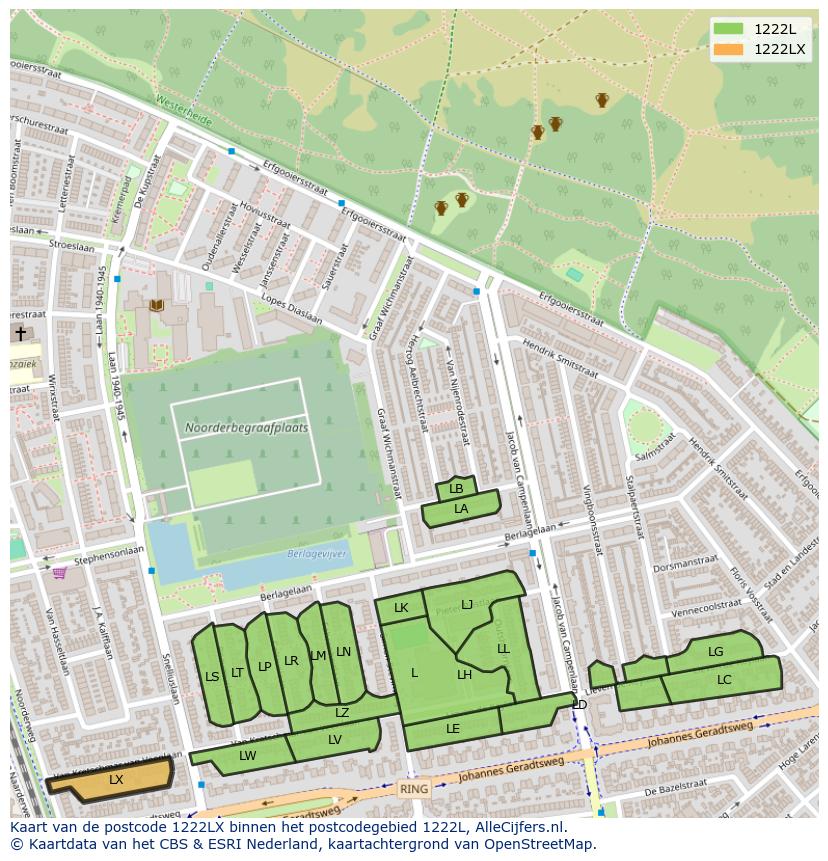 Afbeelding van het postcodegebied 1222 LX op de kaart.