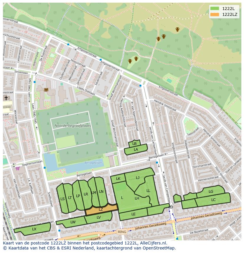 Afbeelding van het postcodegebied 1222 LZ op de kaart.