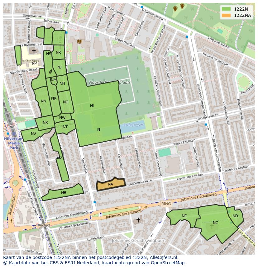 Afbeelding van het postcodegebied 1222 NA op de kaart.