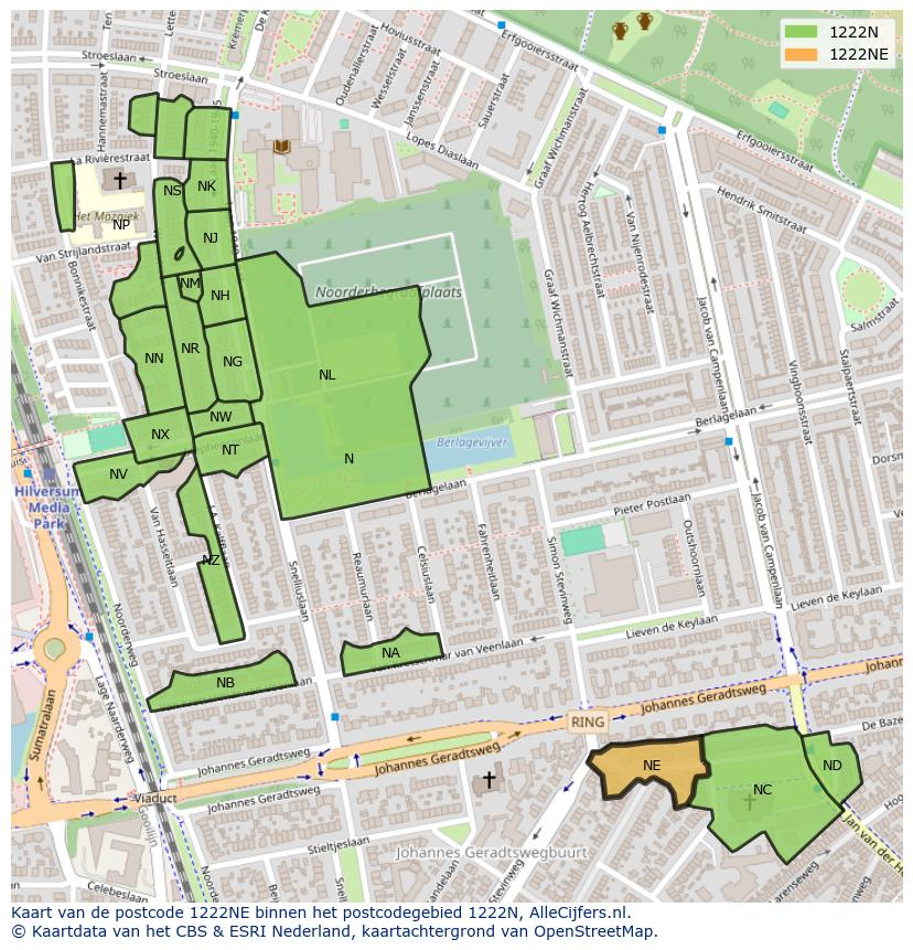 Afbeelding van het postcodegebied 1222 NE op de kaart.