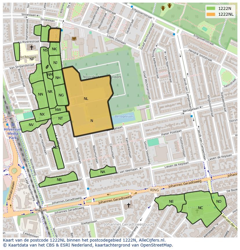 Afbeelding van het postcodegebied 1222 NL op de kaart.