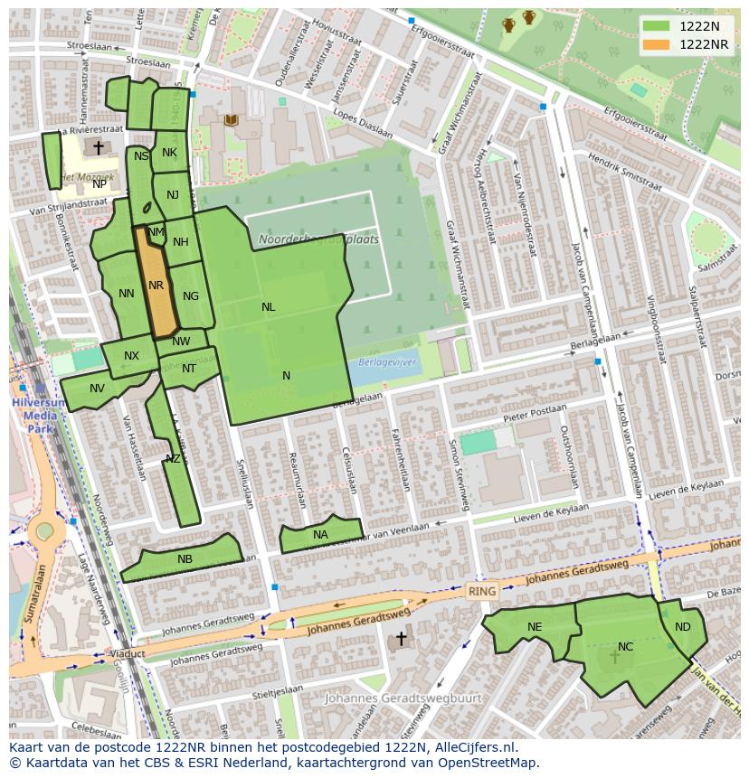 Afbeelding van het postcodegebied 1222 NR op de kaart.