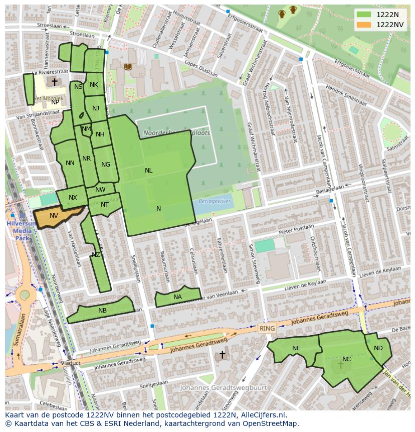 Afbeelding van het postcodegebied 1222 NV op de kaart.