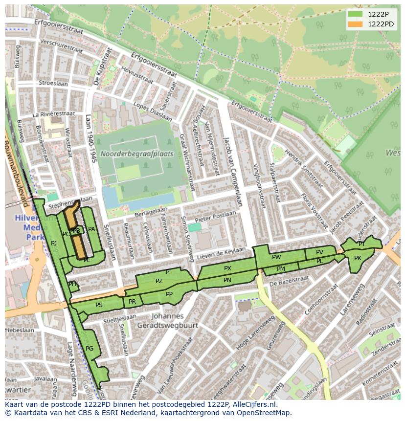 Afbeelding van het postcodegebied 1222 PD op de kaart.