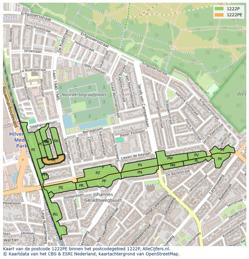 Afbeelding van het postcodegebied 1222 PE op de kaart.