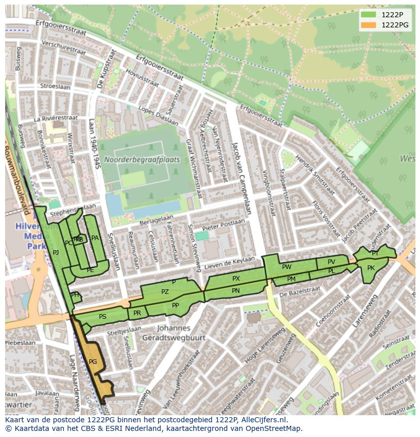 Afbeelding van het postcodegebied 1222 PG op de kaart.