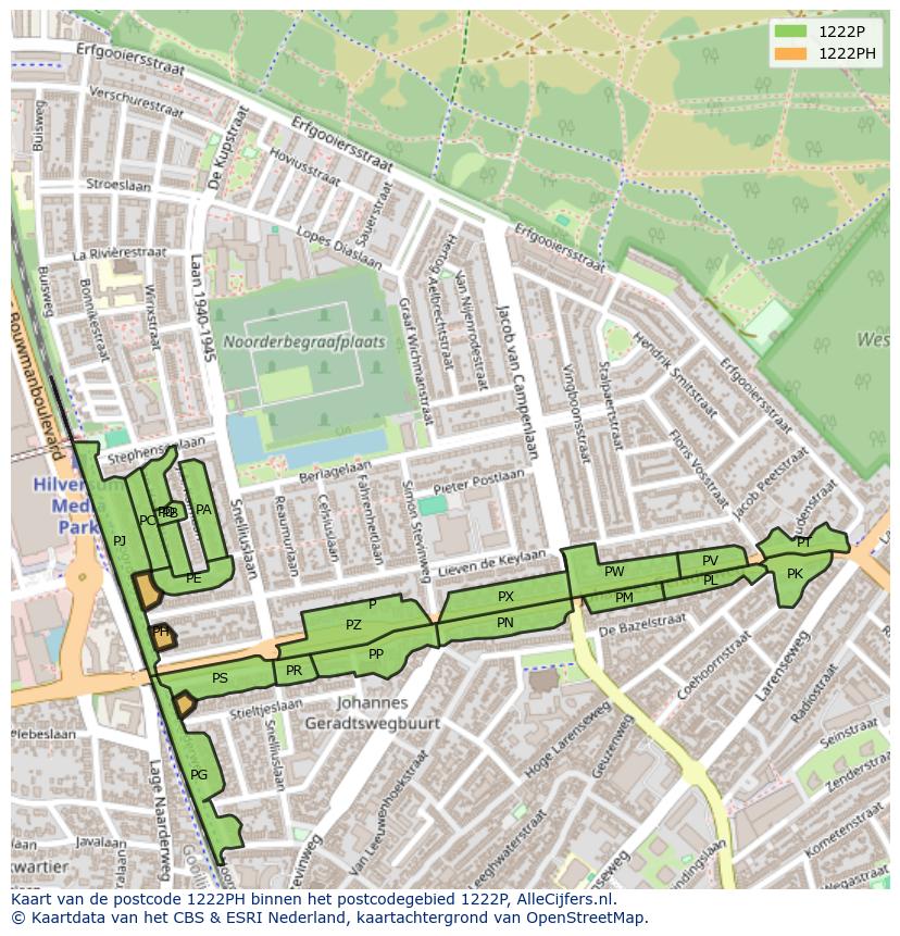 Afbeelding van het postcodegebied 1222 PH op de kaart.