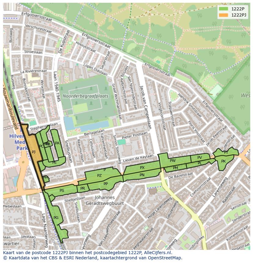 Afbeelding van het postcodegebied 1222 PJ op de kaart.